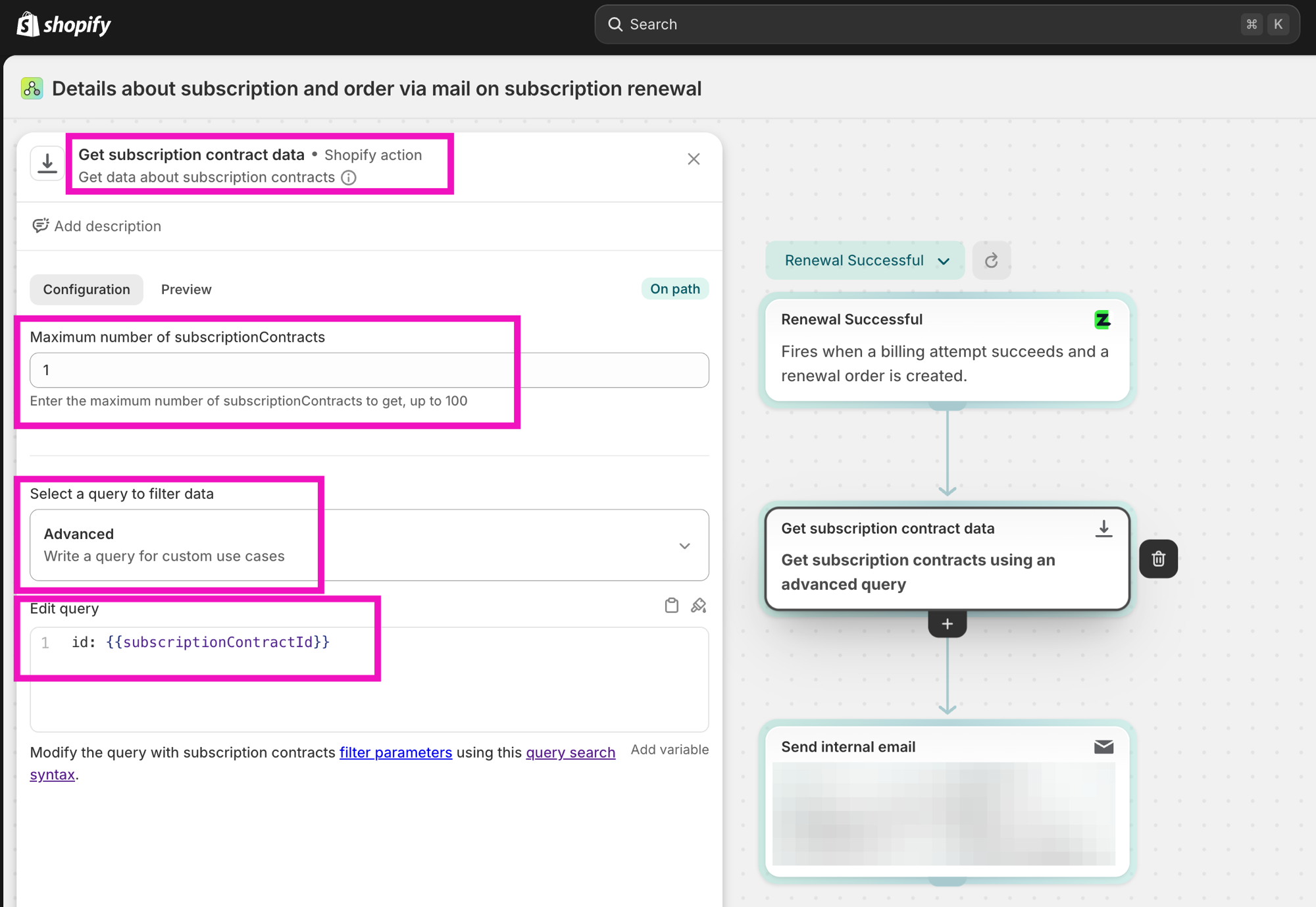 Get subscription contract data action configured with an advanced query